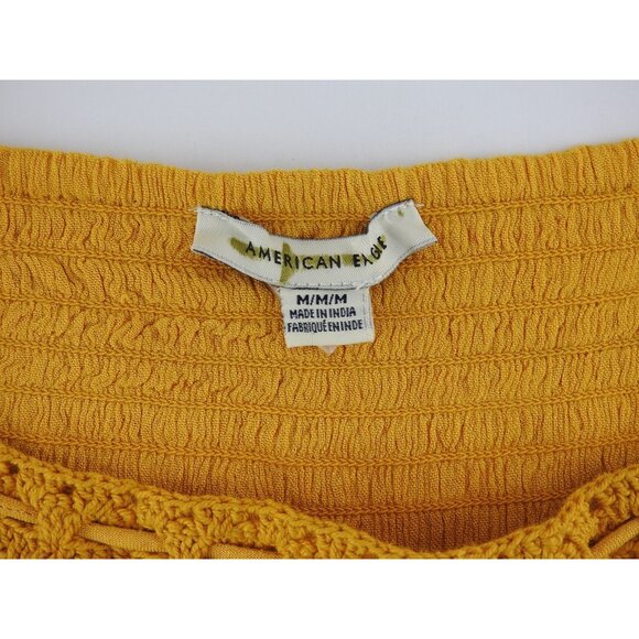 American Eagle Mustard Crochet Peasant Blouse Boho Festival Top Size Medium - Picture 3 of 9